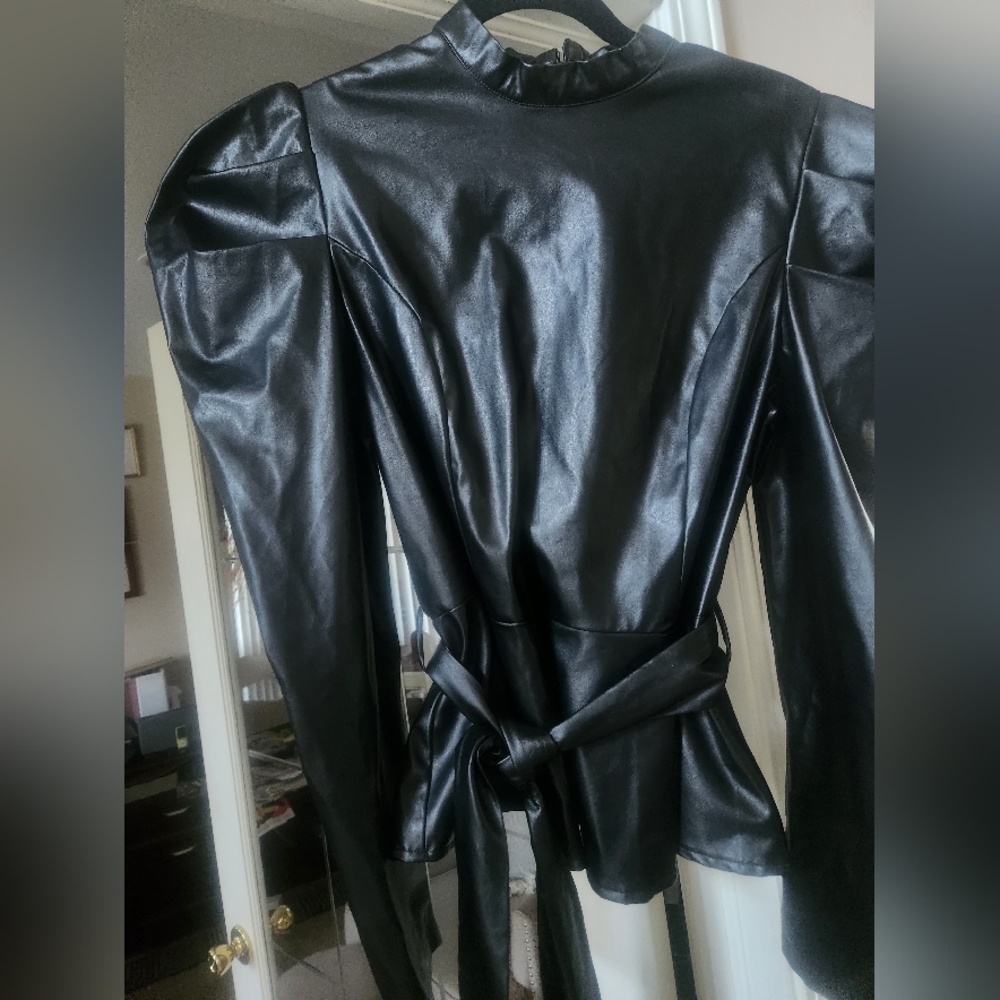 PEPLUM FAUX LEATHER LONG SLEEVE TOP